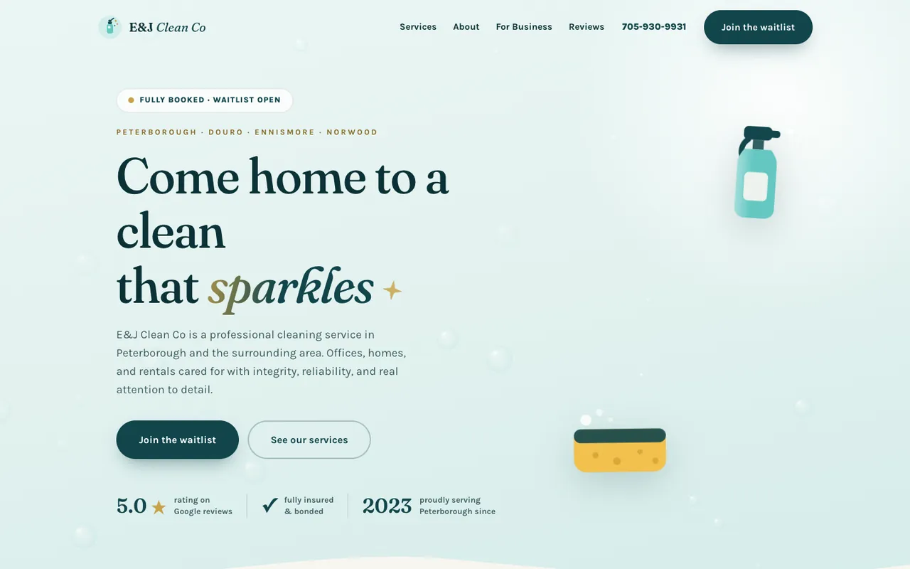 The E&J Clean Co home page on a computer, a pale mint hero with soap bubbles and a waitlist button.