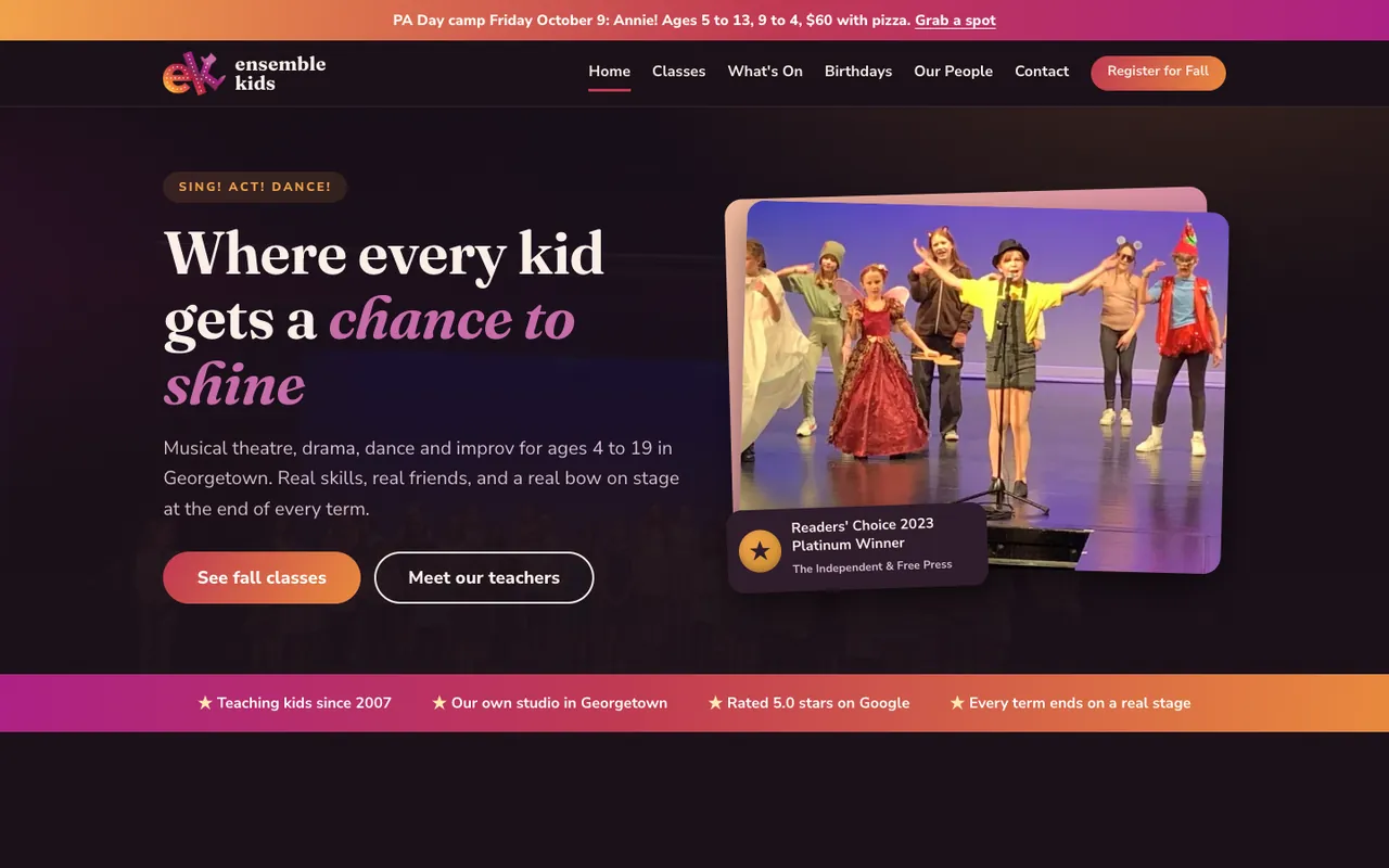 The Ensemble Kids home page on a computer, a dark plum hero with kids in costume on stage.