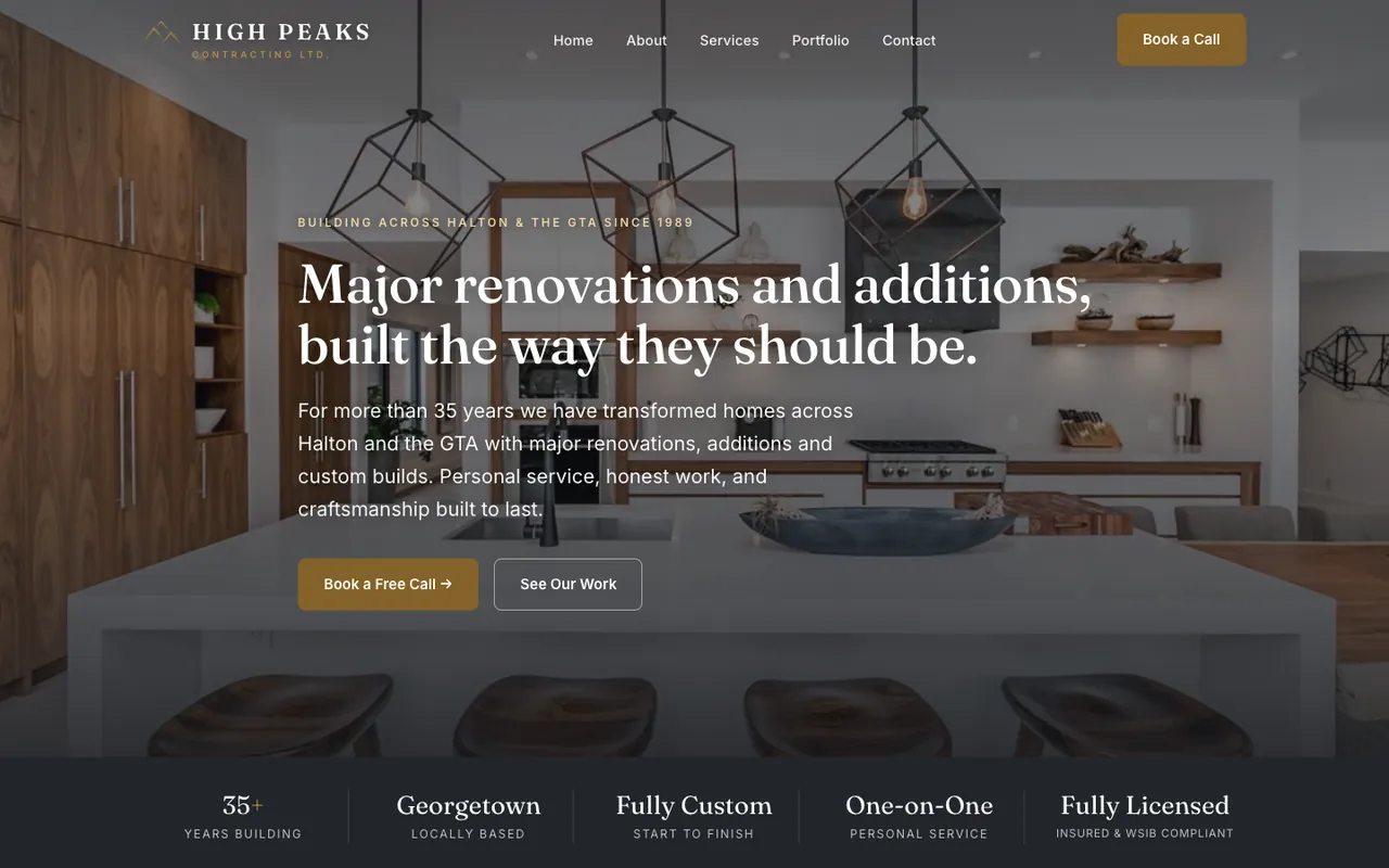The High Peaks Contracting home page on a computer, a kitchen renovation photo behind the headline about major renovations and additions.